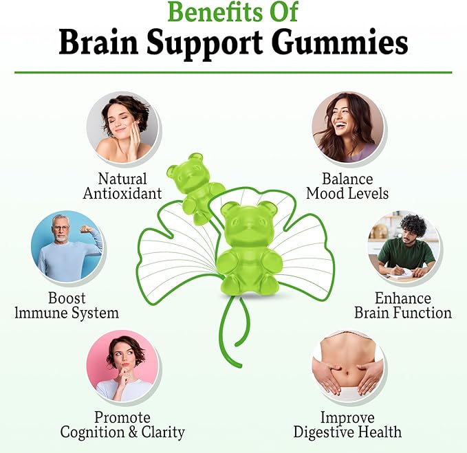 2 Pack Ginkgo Biloba Gummies 240MG with Panax Ginseng for Better Mood and Focus Booster Brain Health 120 Vegan Apple Flavor Gummies