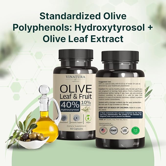 VINATURA Hydroxytyrosol Supplement Olive Leaf Extract - 40% Hydroxytyrosol Olive Fruit Extract 10% Oleuropein Olive Leaf Extract Capsules - 60 Capsules