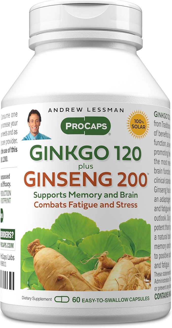 ANDREW LESSMAN Ginkgo 120 Plus Ginseng 200mg - 60 Capsules - Standardized Extract Blend to Support Brain Memory and Cognitive Function. Adaptogen Combats Stress and Fatigue. No Additives