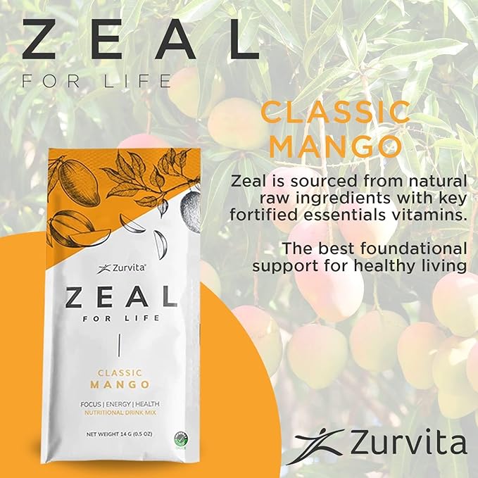 Zurvita - Zeal for Life Wellness Drink Mix - Classic Mango Flavor - Gluten-Free Vegan with Biotin Vitamins and Minerals for Health - 10 Packets