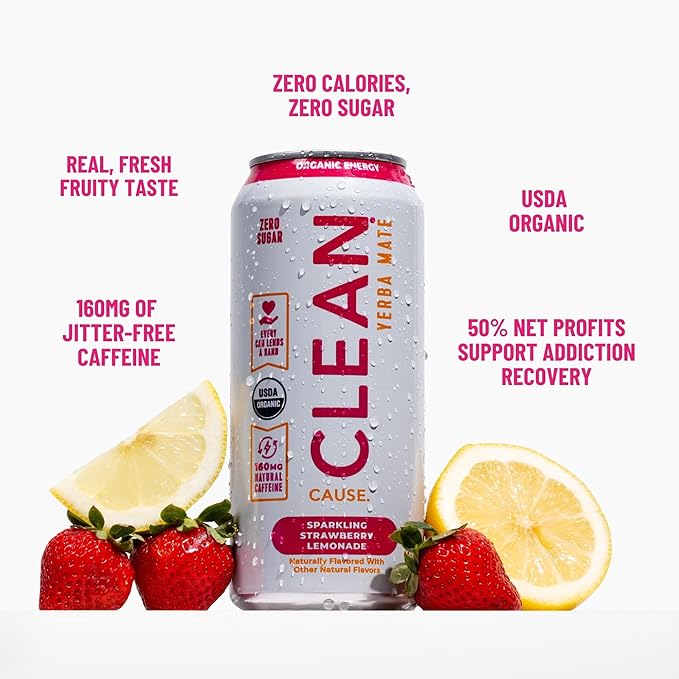 NEW CLEAN Cause Zero Sugar Strawberry Lemonade Yerba Mate Tea Sparkling USDA Organic Energy Drink Alternative Zero Calorie 160mg Natural Caffeine Soda Alternative (16oz cans 12-Pack Case)