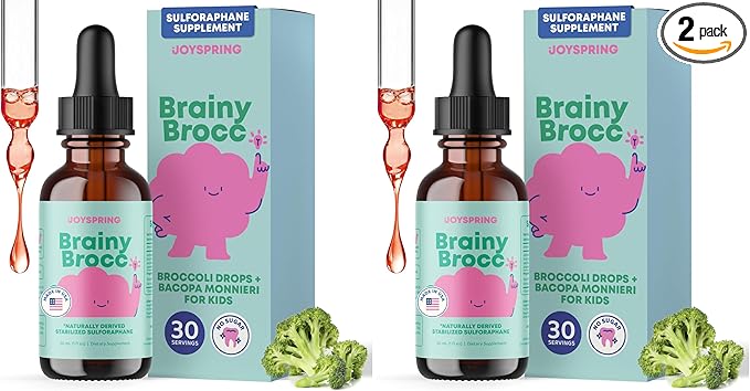 JoySpring Broccoli Supplement for Kids | Sulforaphane &amp Bacopa Monnieri Drops | Supports Cognitive Function | Vegan &amp Kid-Friendly (Pack of 2)