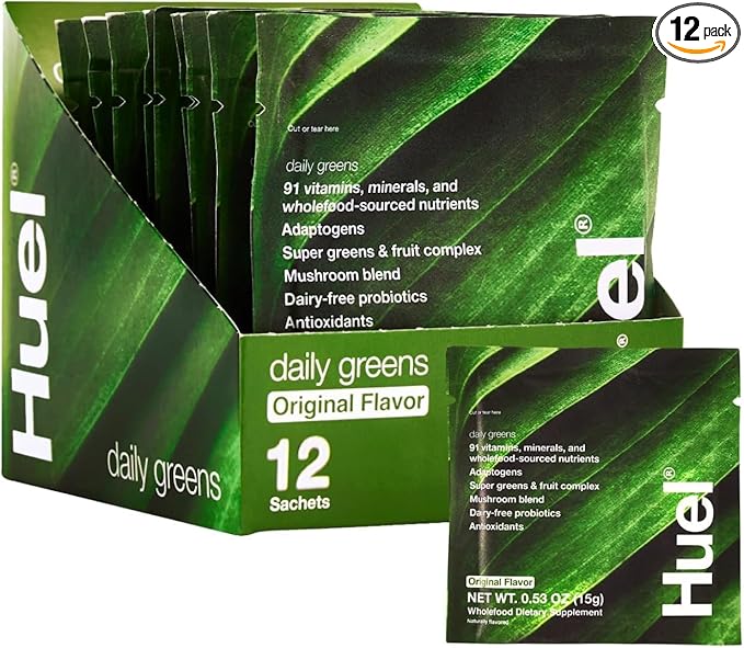 Huel Daily Greens Single Serve | Superfood Greens Powder | 91 Vitamins Minerals and Wholefood-Sourced Ingredients | Adaptogens Antioxidants Gut-Friendly Probiotics | 12 Pack