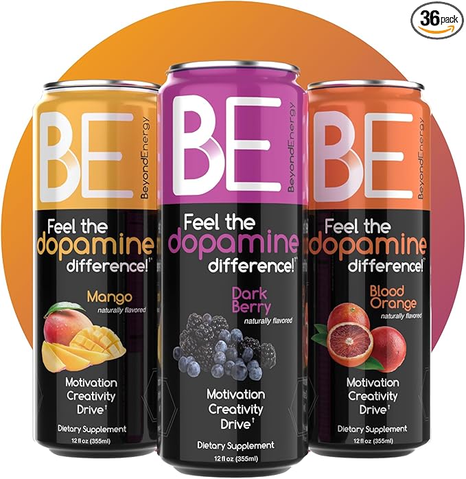 Variety Pack - Herbal Energy Drink with Naturally Sourced L-Dopa Amino Acids &amp Antioxidants 200mg Caffeine - Assorted Flavors 36 Cans (Dark Berry Mango Blood Orange)