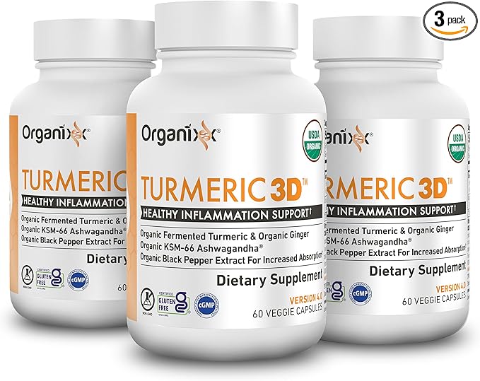 Organixx USDA Organic Turmeric Curcumin Supplement with Ashwagandha Vitamin D Turmeric &amp Ginger – Fermented for Maximum Bioavailability 60 Count (Pack of 3)