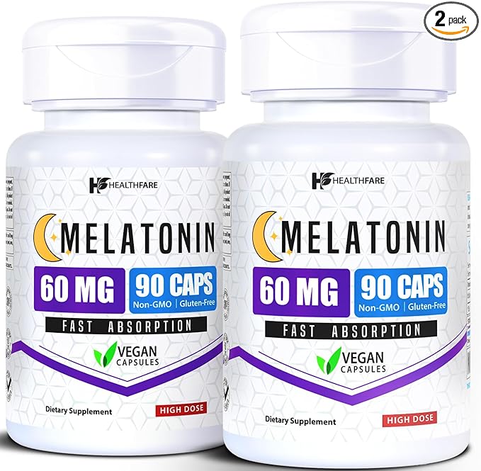 HealthFare Melatonin 60mg | Pack of 2 | 90 Veg Capsules Each | High-Strength Formula | Vegetarian Non-GMO Gluten-Free | Made in the USA