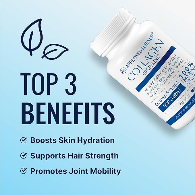 Approved Science Collagen Pills - Absorbable Marine Collagen Types I and III - 360 Tablets - Healthy Hair and Skin - Vitamin C Sodium and Bioperine for Fast Results - Non-GMO Made in USA