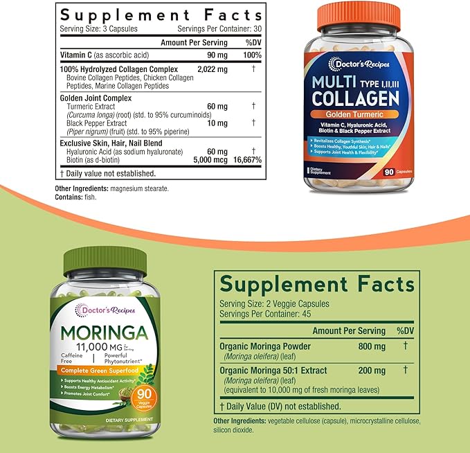 Doctor's Recipes Moringa 11000 mg Strength 90 Caps and Multi Collagen Peptides 90Caps