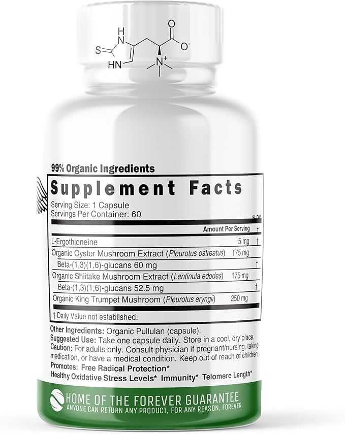 Nature's Fusions Nutri L - Ergothioneine Supplements with Organic Mushroom Complex - 5mg &amp 600mg Mushroom Extracts Oyster Shiitake King Trumpet 600 mg- 60 Capsules