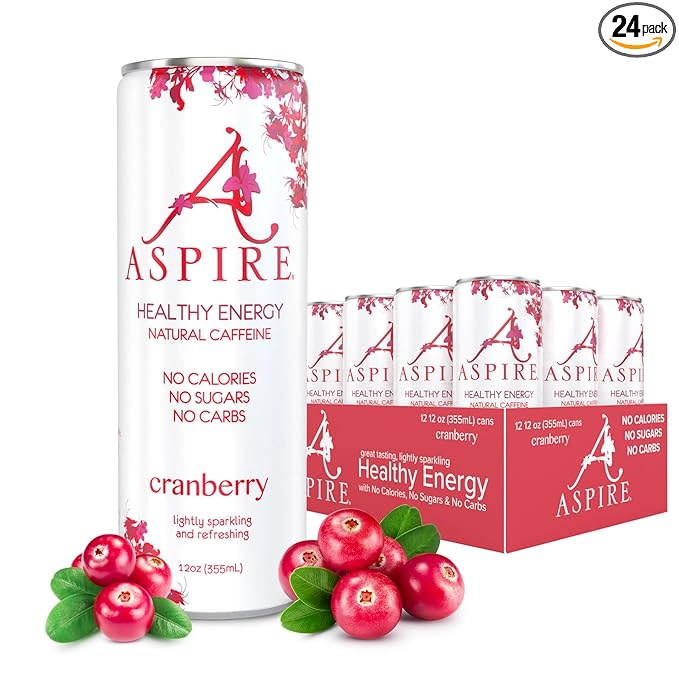 Aspire Cranberry Healthy Energy Drink Natural Caffeine from Green Tea Keto-Friendly Sugar-Free Zero Calories 12 fl oz Cans (Pack of 24)