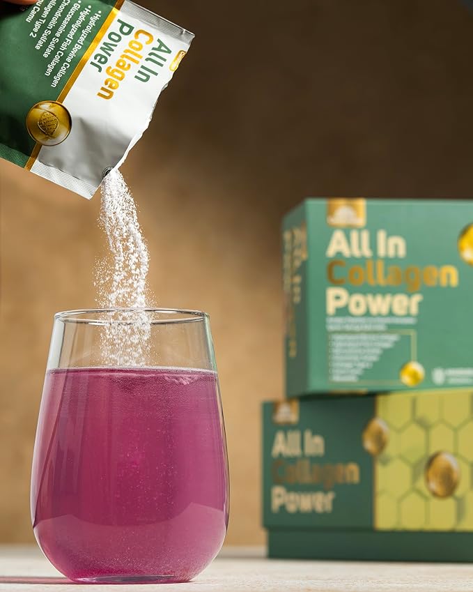 All in Collagen Power – Multi-Type Collagen Powder with Glucosamine &amp Hyaluronic Acid – Supports Joint Mobility Skin Elasticity – Raspberry Flavor – 30 Sachets