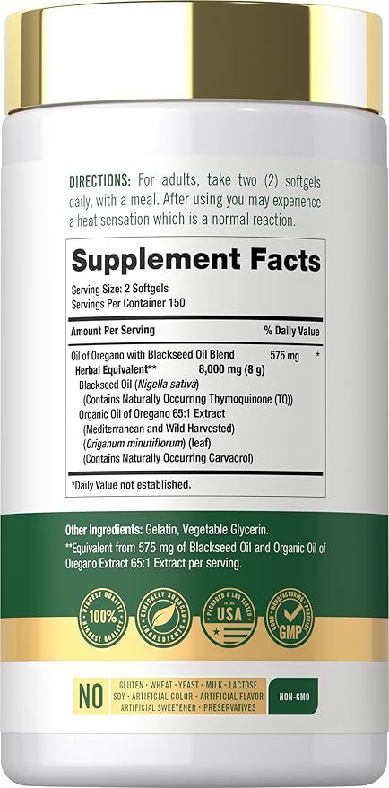 Carlyle Oil of Oregano with Black Seed Oil | 300 Softgel Capsules | Naturally Occurring Carvacrol &amp Thymoquinone Pills | Non-GMO Gluten Free Supplement
