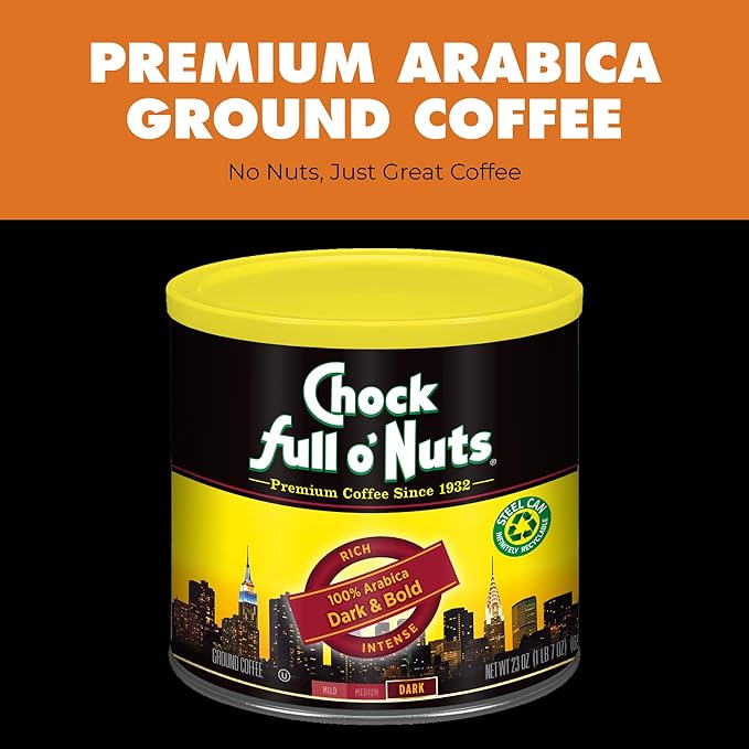 Chock Full o' Nuts Dark &amp Bold Ground Coffee – Premium Beans in Recyclable Steel Can – Rich Flavor &amp Aroma Dark Roast – Perfect for Drip Pour-Over Percolator – 23 Oz Can (Pack of 2)