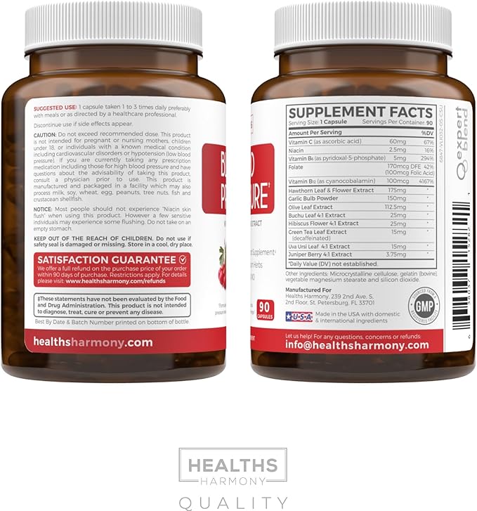 Blood Pressure Support Supplement (NON-GMO) Premium Natural Herbs Vitamins &amp Berries - High Dosage of Hawthorn Berry Extract – Supports Blood Pressure Levels Already In The Normal Range – 90 Caps