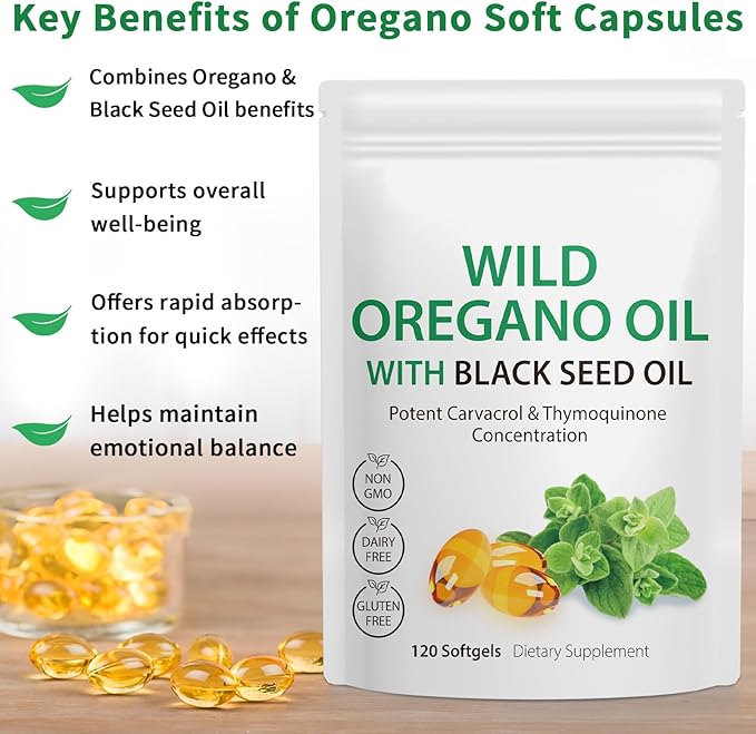 Oil of Oregano Softgels 6000mg Per Serving 240 Count | 2 in 1 Formulated with Black Seed Oil 200mg Natural Antioxidants 4X Strength Carvacrol &amp Thymoquinone | Plant Based Non-GMO &amp Immune Su