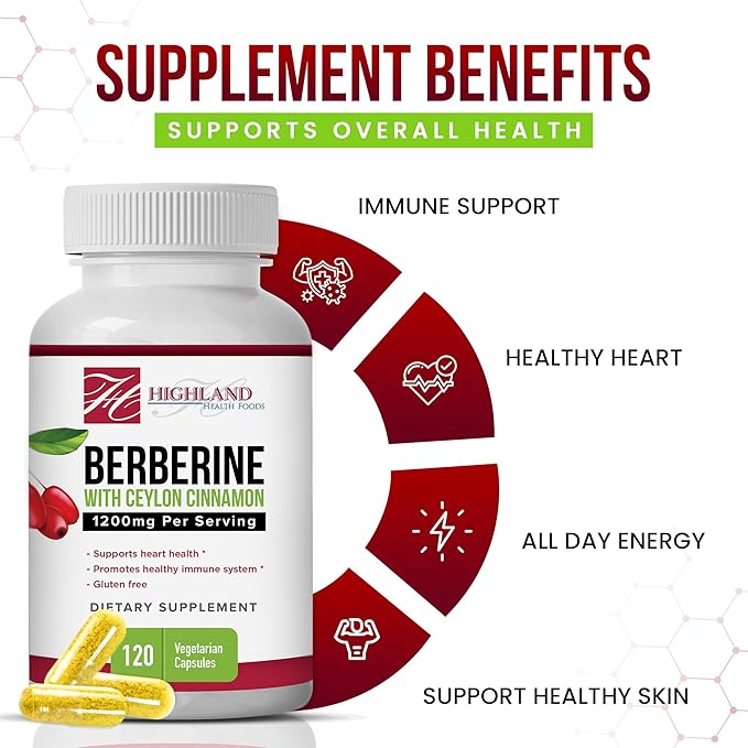 Berberine with Ceylon Cinnamon 1200 mg - Berberine HCL and Cinnamon for Blood Sugar and Metabolic Support - Non-GMO - Natural Support for Healthy Lifestyle - 120 Veg Capsules