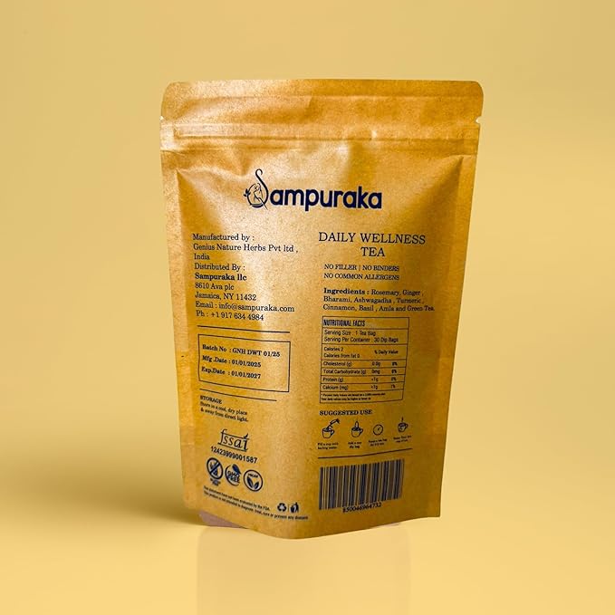 Sampuraka Daily Wellness Tea – Herbal Tea for Immunity &amp Relaxation Support with Turmeric Ashwagandha Ginger | Organic Caffeine-Free (90 Tea Bags)