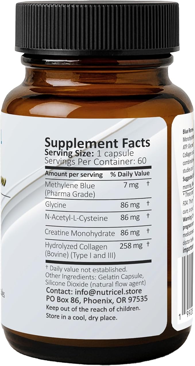 Methylene Blue Capsules with Added Glycine + NAC (GlyNAC) Collagen and Creatine - Trusted Made in America - 7mg (USP Grade) - Third Party Tested (60ct)