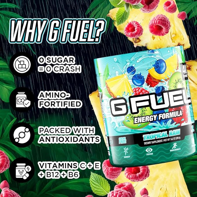Gamma Labs G Fuel Tropical Rain Energy Drink Powder Pre Workout Caffeine Mix for Gaming Sugar Free Focus Amino Vitamin + Antioxidants 9.8oz Fruit Medley 40 Servings