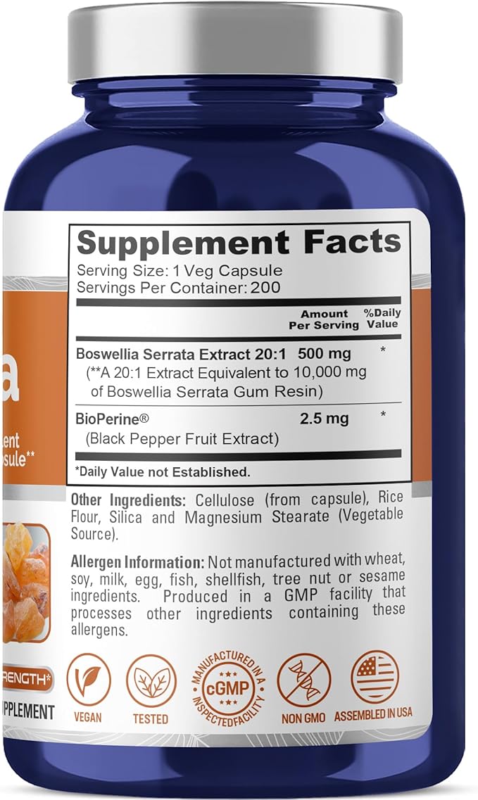 NusaPure Boswellia Serrata 10000 mg Per Veggie Caps 200 Count (Ext. 20:1 Non-GMO Vegan Bioperine) Ayurvedic Herb: Indian Olibanum Frankincense