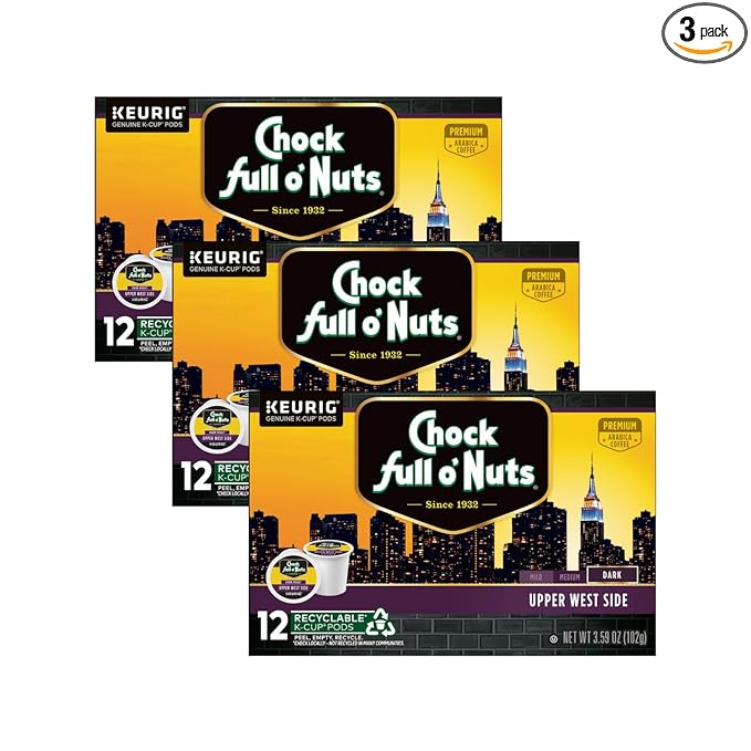 Chock Full o'Nuts Upper West Side Coffee Dark Roast Compatible with K-Cup Pods 12 CT (Pack of 3)