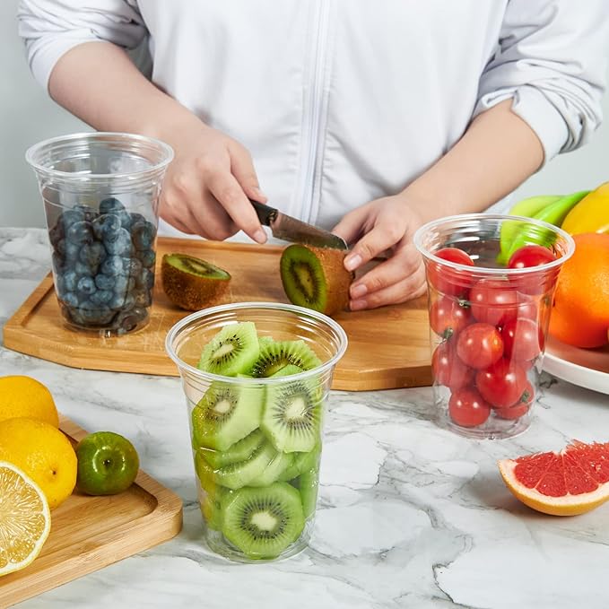 Vplus 140 Pack 24 OZ PET Clear Plastic Cups with Lids 24 OZ Crystal Cold Disposable Drinking Plastic Cups with Flat Lids Perfect for Ice Coffee Smoothie Juice