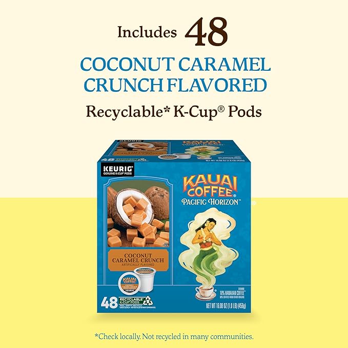 Kauai Coffee K-Cup Pods for Keurig Brewers – Arabica Coffee 10% Hawaiian – Medium Roast Nutty Caramel with Tropical Coconut – Coconut Caramel Crunch 1 Pack of 48 Single Serve K-Cups