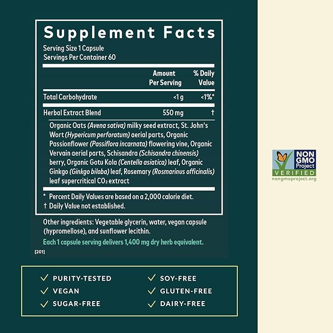 Gaia Herbs Steady Mind - Supplement Support with Herbs Traditionally Used for Stress Relief* - with St. John's Wort Passionflower Vervain &amp Oats - 60 Vegan Liquid Phyto-Capsules (60 Servings)