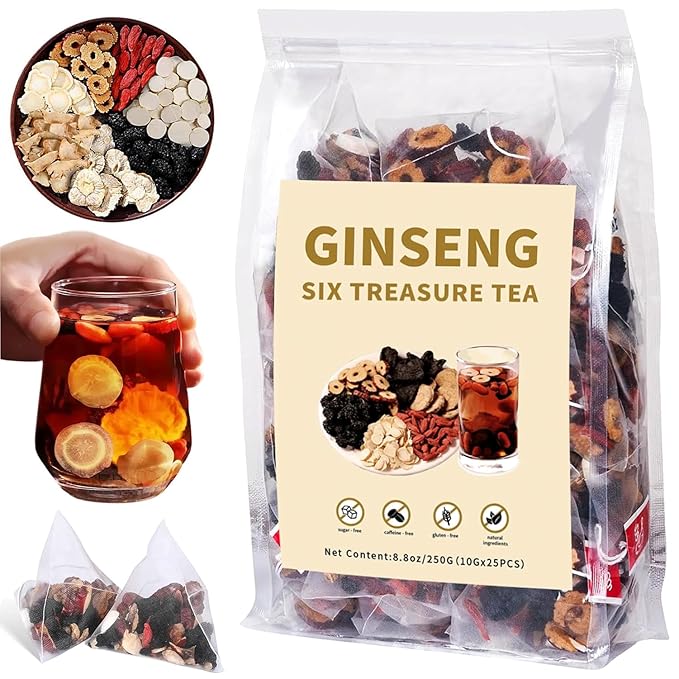 Ginseng Six Treasures Kidney Tea - Traditional Chinese Herbal Tea with Ingredients 6 Precious Herbs Formula (50 Tea Bags)