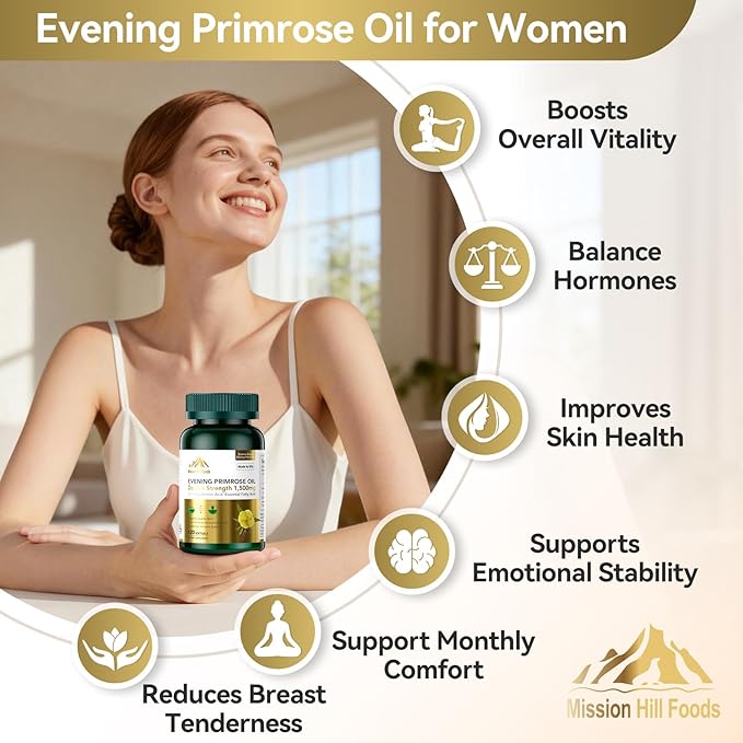 1500mg Evening Primrose Oil Capsules for Women | 240mg High GLA (16%) for Hormonal Balance &amp Skin Health (1 Bottle-120 Softgels-2mo Supply) Menopause Supplements | Non-GMO Gluten-Free Cold Press
