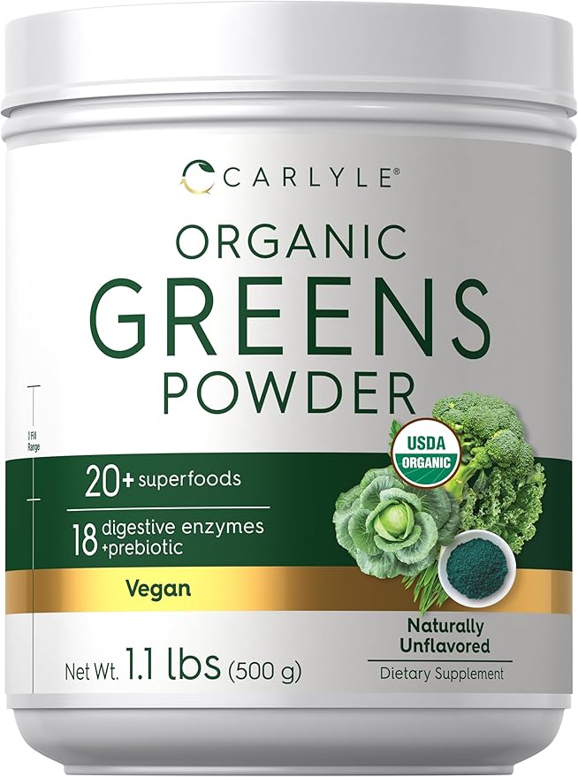 Carlyle Organic Greens Powder | 17.6 oz Supplement | Relieves Occasional Gas discomfort &amp Bloating | with 20+ Superfoods 18 Digestive Enzymes and Prebiotics | Vegan Non-GMO and Gluten Free