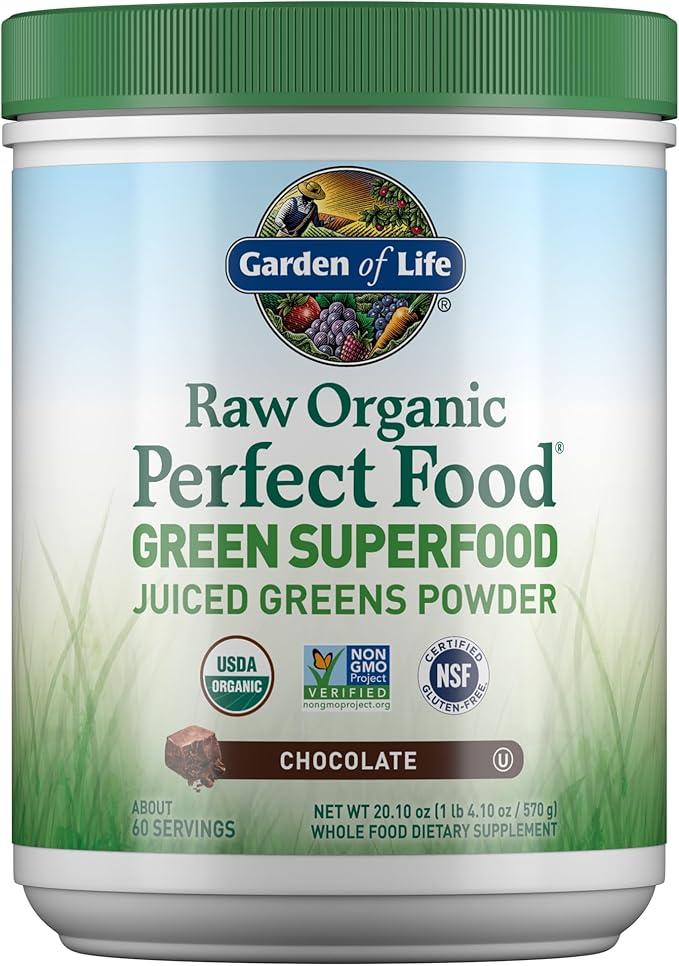 Garden of Life Raw Organic Perfect Food Green Superfood Juiced Greens Powder - Chocolate 60 Servings Non-GMO Gluten Free Vegan Whole Food Dietary Supplement Plus Probiotics Enzymes