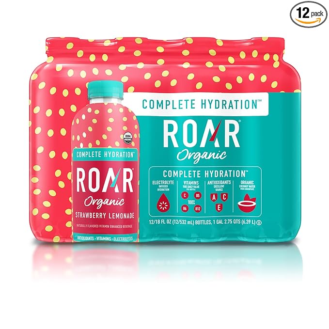 ROAR Complete Hydration Organic - Electrolyte Drinks Loaded with Vitamins C B5 B12 - Non-GMO Gluten-Free - Strawberry Lemonade - 12 pc