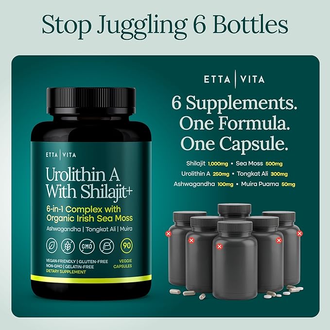 Urolithin-A Complex w Shilajit Organic Sea Moss Ashwagandha &amp Tongkat Ali Natural Energy Libido Hormone Balance and Focus for Men &amp Women (Made in USA - 3rd Party Tested)