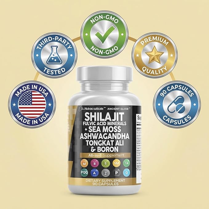 Clean Nutraceuticals Shilajit Supplement for Men with Sea Moss Tongkat Ali Ashwagandha Boron Zinc CoQ10 PQQ - Fulvic Acid Capsules - Energy Support - 90 Count - Resin Gummy &amp Powder Alterna