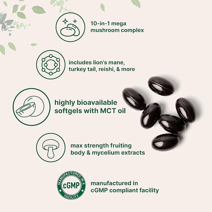 Micro Ingredients 10‑in‑1 Mega Mushroom Complex Supplement – Lions Mane Cordyceps Reishi Chaga &amp More – 240 Softgels with MCT Oil – 4 Month Supply – Adaptogenic Functional Mushroom Blend