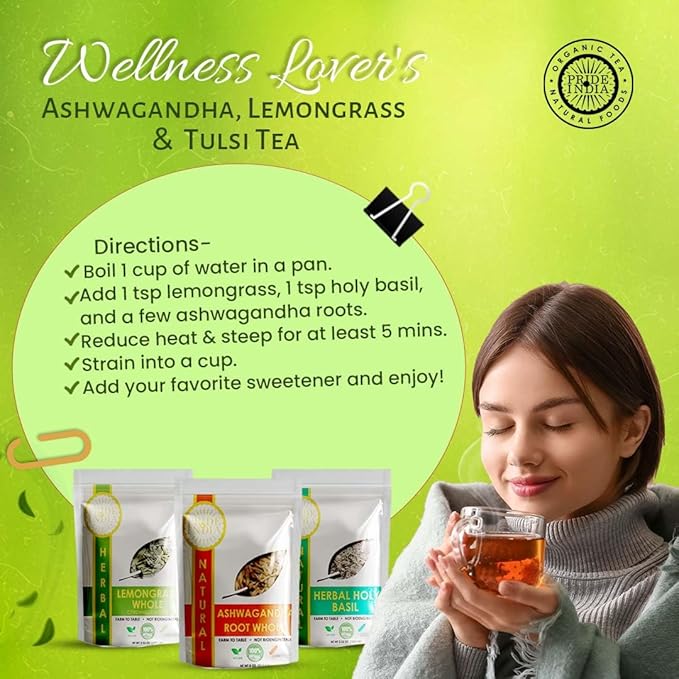 Pride of India | Herbal Wellness Pack 15.06 oz (427 gm) | Includes Lemongrass Leaf Tea Ashwagandha Root Whole &amp Tulsi/Holy Basil Leaf Tea | Perfect for Smoothies Soups | Boosts Activity &amp We