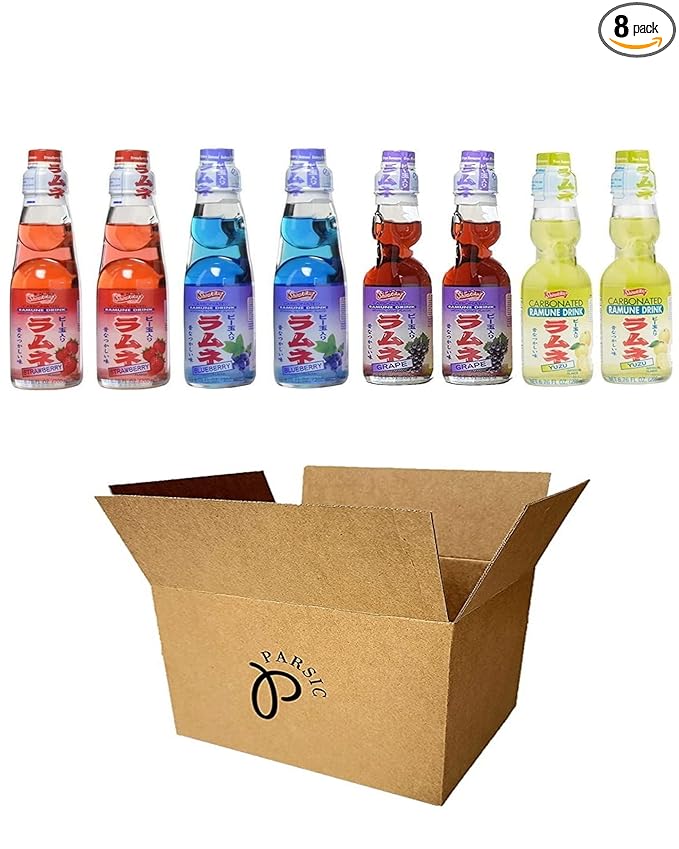 RAMUNE Japanese Soft Drink Variety 8-Pack 6.76 Fluid Ounce Each (Strawberry-Blueberry-Grape-Yuzu (2 Each))