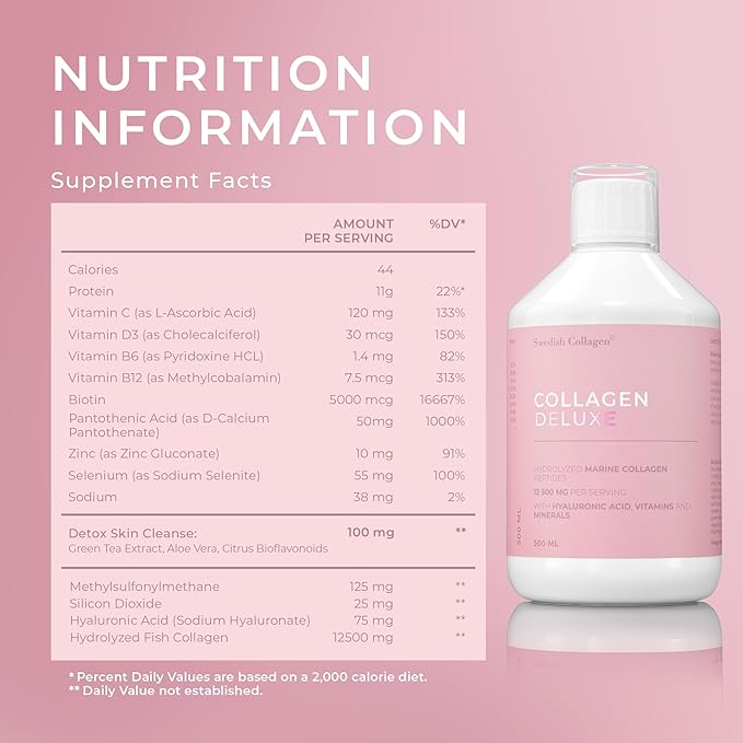 Swedish Collagen Deluxe | 12500 mg Hydrolyzed Marine Collagen Liquid Supplement - 500 ml 20 Day Supply | Hyaluronic Acid Biotin and Vitamin C for Healthy Hair Skin Nails and Joints | Sugar-Free