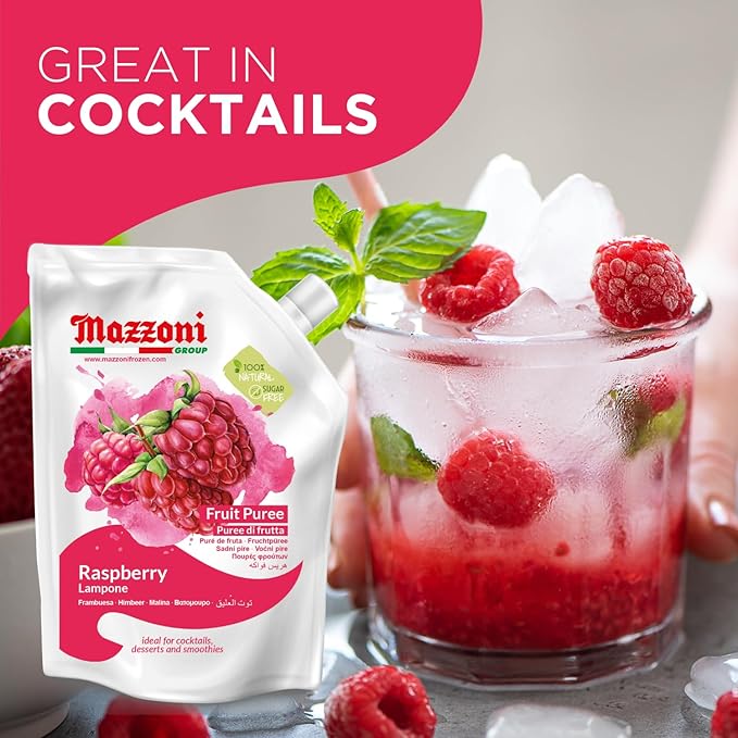 Mazzoni - Raspberry Puree 100% Pure Raspberries Just Fruit No Sugar Added Real Fruit for Smoothies Drinks Cocktails Fruit Juice - 2.2 lb Convenient Pouch Made in Italy
