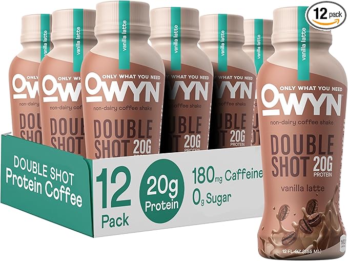 OWYN Only What You Need Double Shot Vanilla Latte Flavored Protein Shake 20g Protein 0g Sugar 3g Fiber 180mg Caffeine Dairy Free Plant Based Protein Drink 12 Count