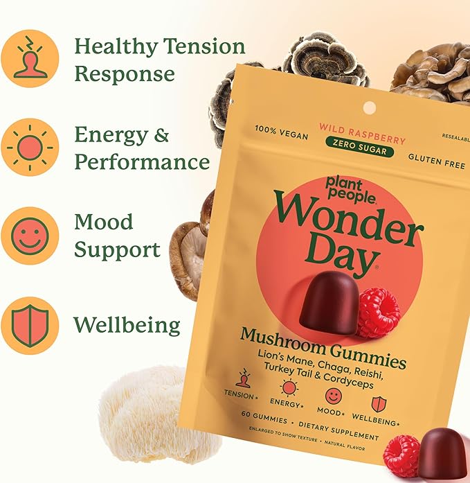 Plant People WonderDay Mushroom Gummies - Lion’s Mane Cordyceps Chaga Mushroom Supplement to Support Immune System De-Stress Boost Mood &amp Energy in Adults Natural Vegan Non-GMO (60 Count)