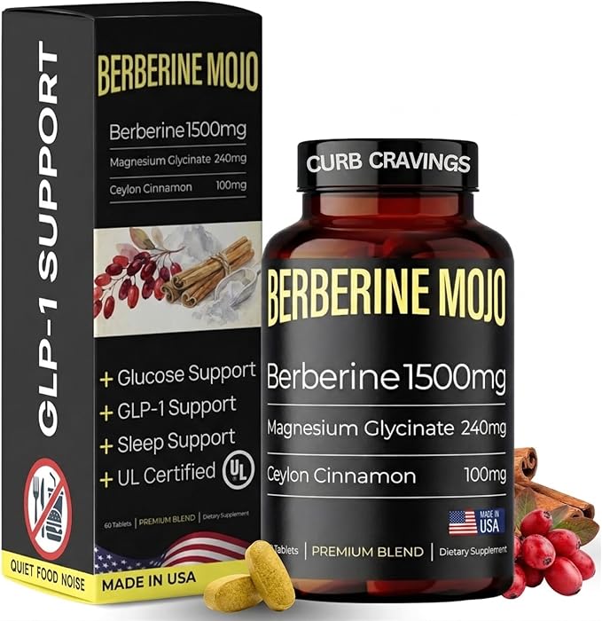Berberine 1500mg Supplement with GLP-1 &amp Glucose Support - Berberine HCL Magnesium Glycinate Ceylon Cinnamon - Sugar Control &amp Weight Management Herbal Supplements - Made in USA 60 Tablets