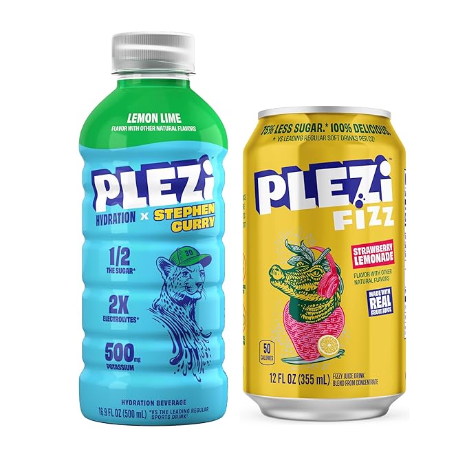 PLEZi Hydration &amp Sparkling Juice Drink Bundle – Lemon Lime x Stephen Curry &amp FiZZ Strawberry Lemonade – No Added Sugar Low Sugar 2X Electrolytes &amp Fiber – 16.9 Fl Oz + 12 Fl Oz (24 Pack