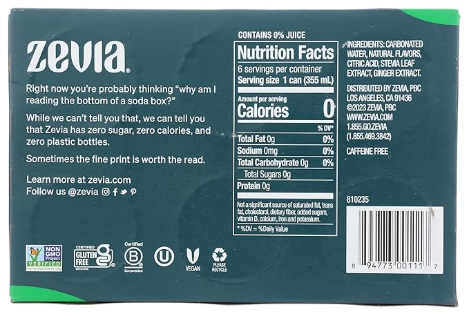 Generic Z e v i a Zero Calorie Soda Ginger ale 12 Ounce Cans (Pack of 6)