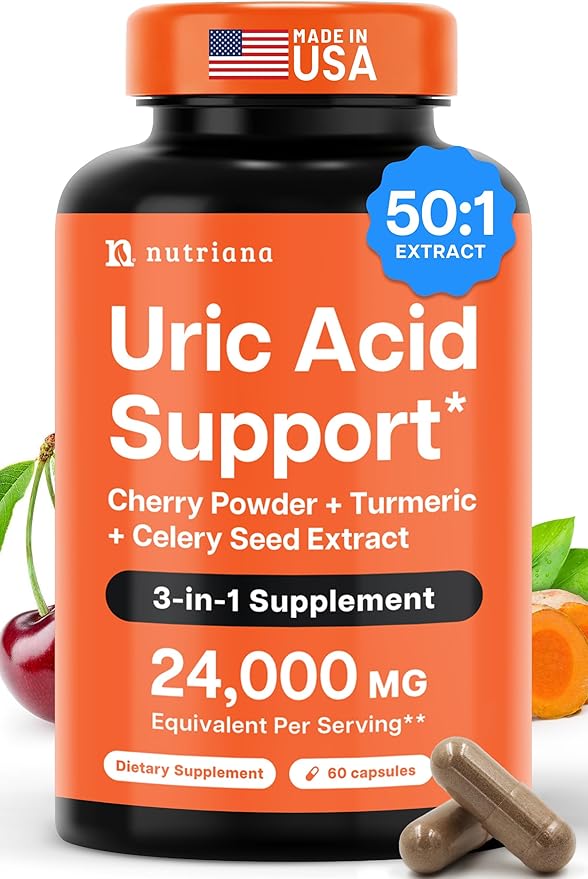 3 in 1 Uric Acid Flush Cleanse – Tart Cherry Extract with Turmeric &amp Celery Seed Supplement Purge - Feet and Joint Support - 60 Veggie Capsules