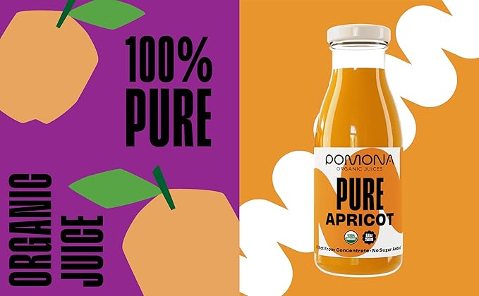 Pomona Organic Apricot Juice Cold Pressed USDA Organic Juices 100% Apricots No Added Sugar Not From Concentrate Vegan Kosher Non GMO Pasteurized 8.4 oz Glass Bottles (Pack of 12)(Packaging Ma