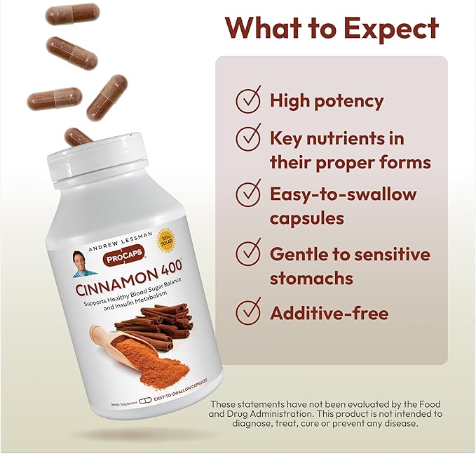 ANDREW LESSMAN Cinnamon 400mg - 120 Capsules - High Potency Standardized Extract. No Additives. Small Easy to Swallow Capsules
