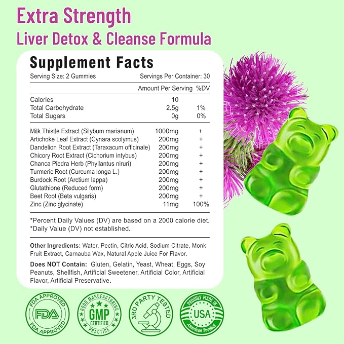 Liver Cleanse Detox Repair Gummies Milk Thistle Gummies with Artichoke Dandelion for Liver Support Vegan &amp Non-GMO Gelatin-Free Apple Flavor 120ct