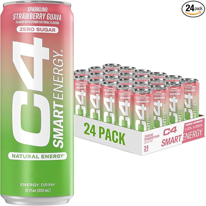 C4 Smart Energy Drink - Sugar Free Performance Fuel &amp Nootropic Brain Booster Coffee Substitute or Alternative | Strawberry Guava 12 Oz - 24 Pack